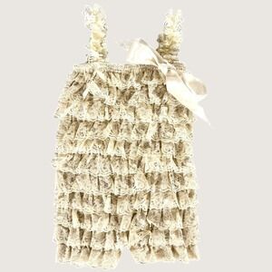 Think Pink Bows Girls Lace Ruffle Bubble Romper Ivory Cream Boutique Size M